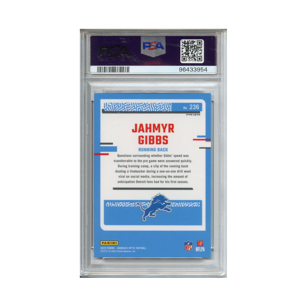 Jahmyr-Gibbs-Holo-2023-Donruss-Optic-PSA-10-Rückseite