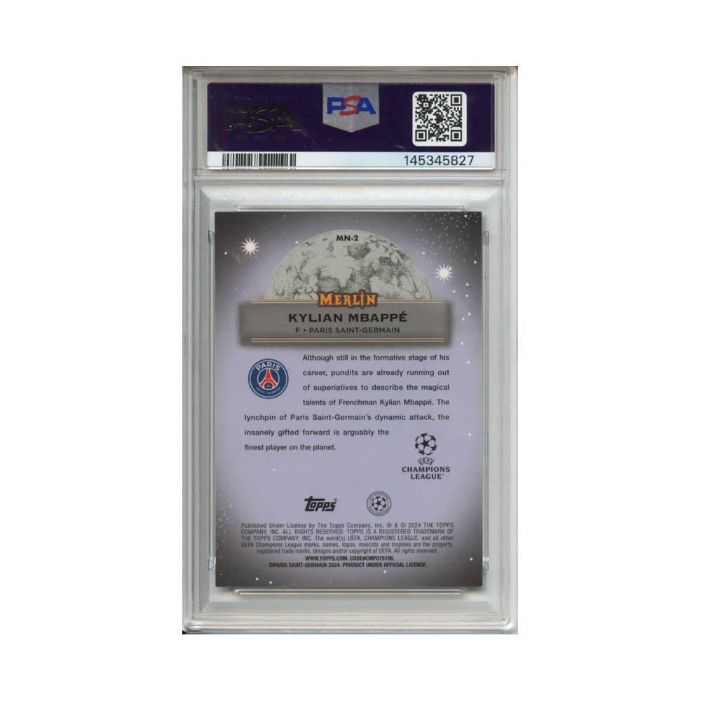Kylian-Mbappe-Mystic-Nights-Super-1/1-2023-24-Topps-Merlin-UCC-PSA-8-Rückseite