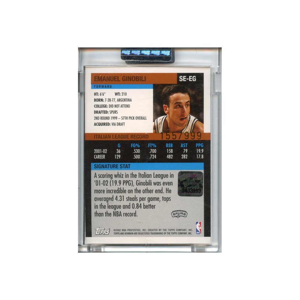 Emanuel-Ginobili-Auto-/999-2002-Bowman-Signature-Rückseite