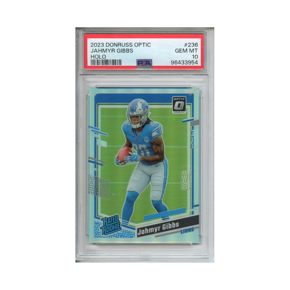 Jahmyr-Gibbs-Holo-2023-Donruss-Optic-PSA-10-Vorderseite