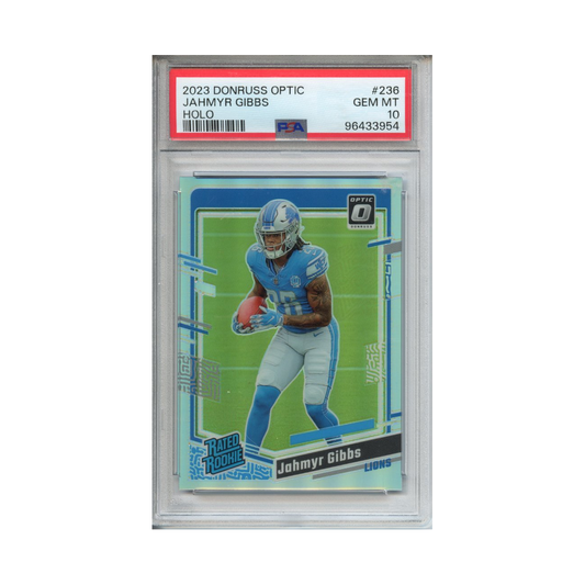 Jahmyr-Gibbs-Holo-2023-Donruss-Optic-PSA-10-Vorderseite