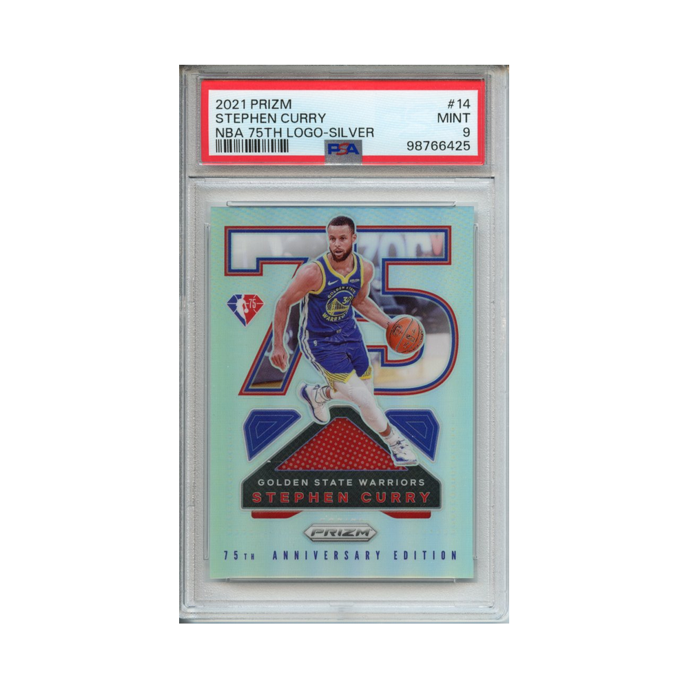 Stephen-Curry-NBA-75th-Logo-Silver-2021-Prizm-PSA-9-Vorderseite