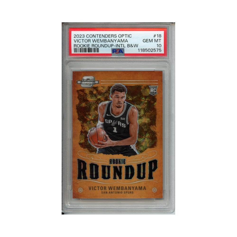 Victor-Wembanyama-Rookie-Roundup-INTL-B&W-2023-Conteders-Optic-PSA-10-Vorderseite