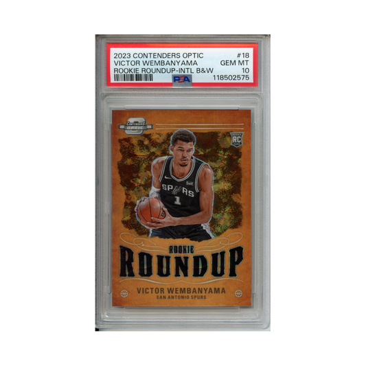 Victor-Wembanyama-Rookie-Roundup-INTL-B&W-2023-Conteders-Optic-PSA-10-Vorderseite