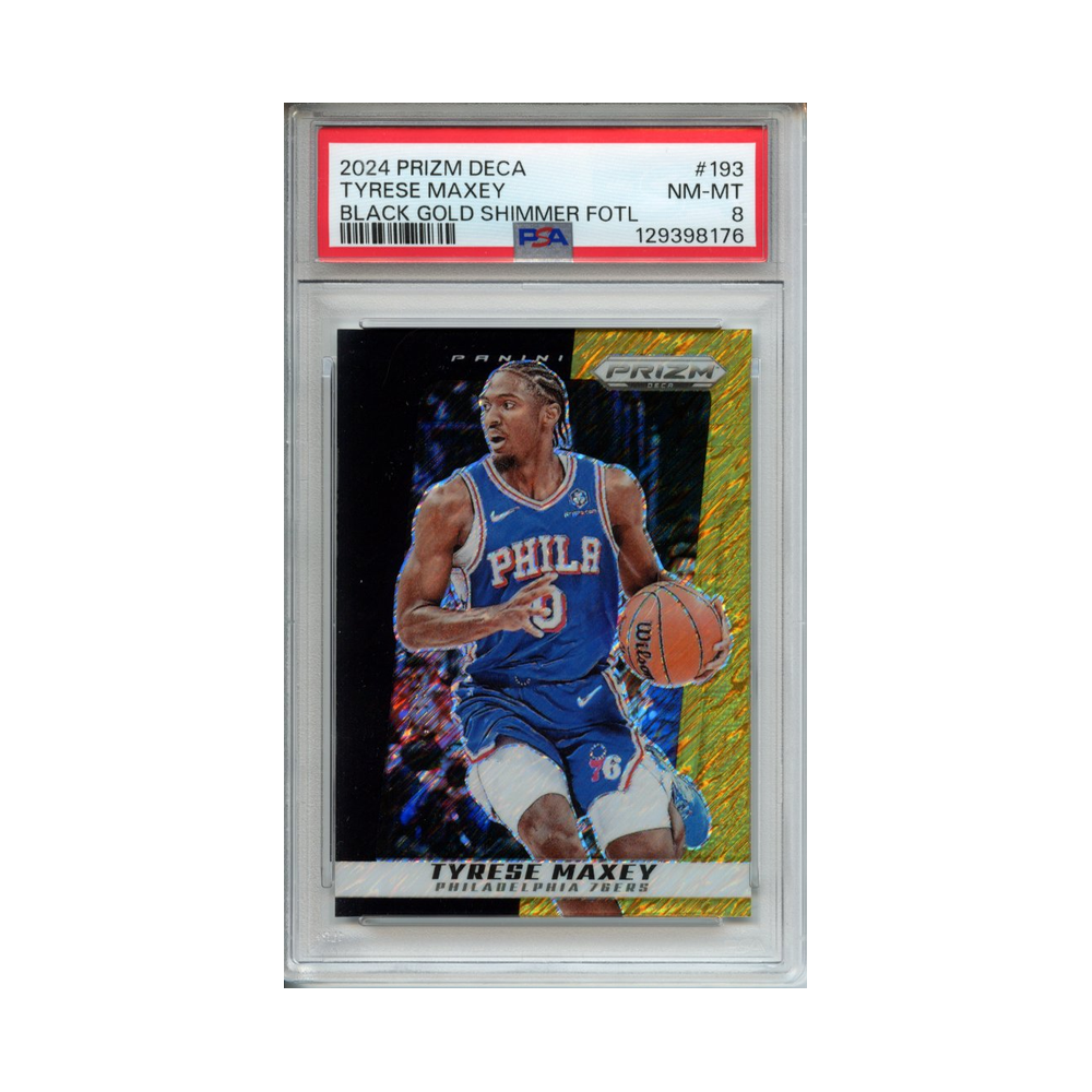 Tyrese-Maxey-Black-Gold-Shimmer-FOTL-2024-Prizm-Deca-PSA-8-Vorderseite