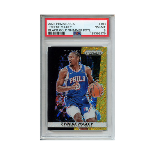 Tyrese-Maxey-Black-Gold-Shimmer-FOTL-2024-Prizm-Deca-PSA-8-Vorderseite