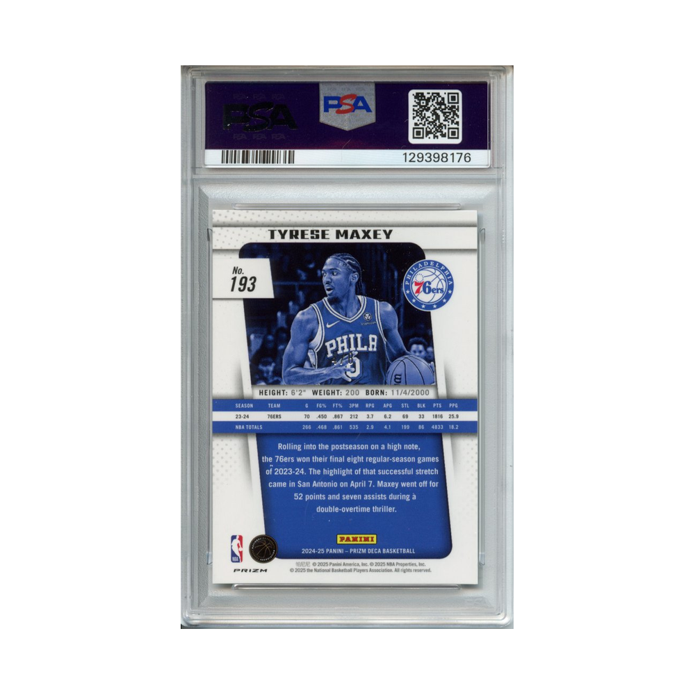 Tyrese-Maxey-Black-Gold-Shimmer-FOTL-2024-Prizm-Deca-PSA-8-Rückseite