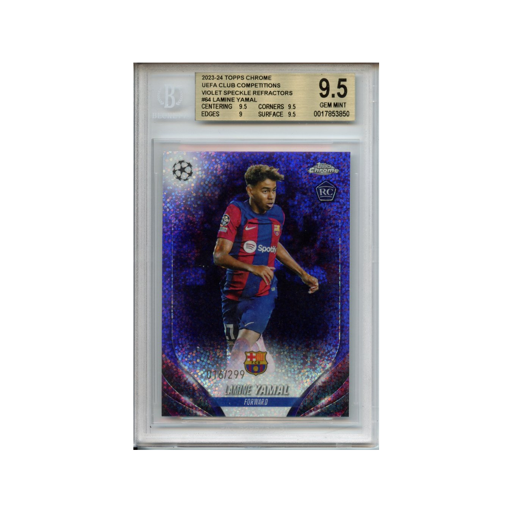 Lamine-Yamal-Violet-Speckle-Refractors-2023-24-Topps-Chrome-UEFA-Club-Competitions-BGS-9.5-Vorderseite
