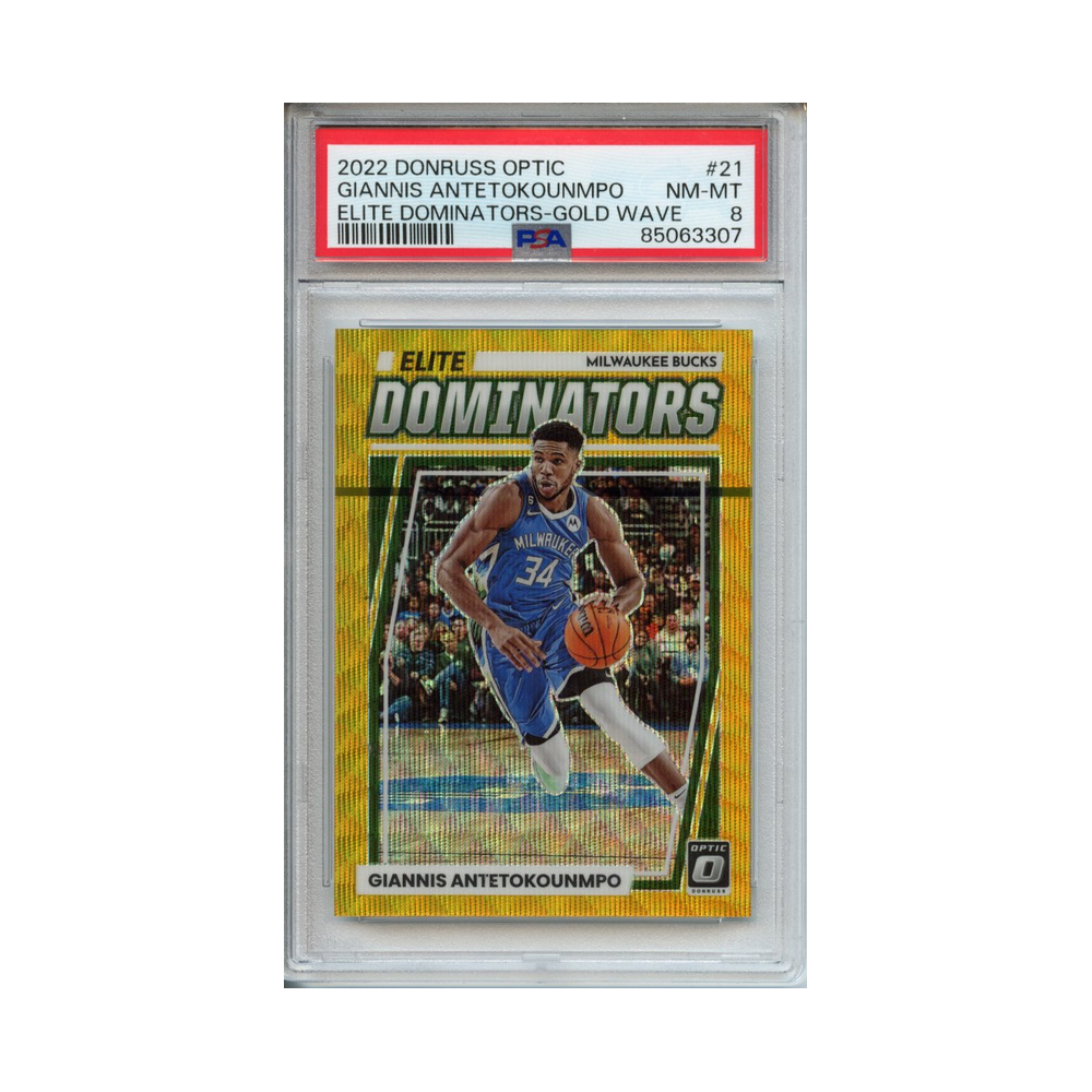 Giannis-Antetokounmpo-Elite-Dominators--Gold-Wave-2022-Donruss-Optic-PSA-8-Vorderseite