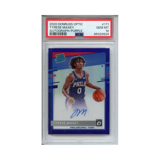 Tyrese-Maxey-Autograph-Purple-2020-Donruss-Optic-PSA-10-Vorderseite