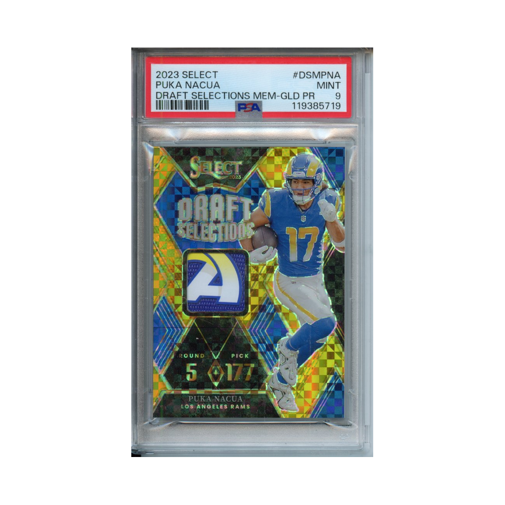 Puka-Nacua-Draft-Selections-Memorabilia--Gold-Prizm-2023-Select-PSA-9-Vorderseite