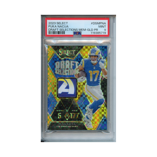 Puka-Nacua-Draft-Selections-Memorabilia--Gold-Prizm-2023-Select-PSA-9-Vorderseite