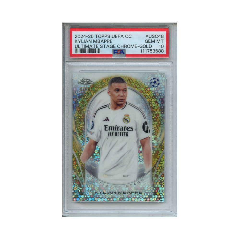 Kylian-Mbappe-Ultimate-Stage-Chrome-Gold-2024-25-Topps-UEFA-CC-PSA-10-Vorderseite