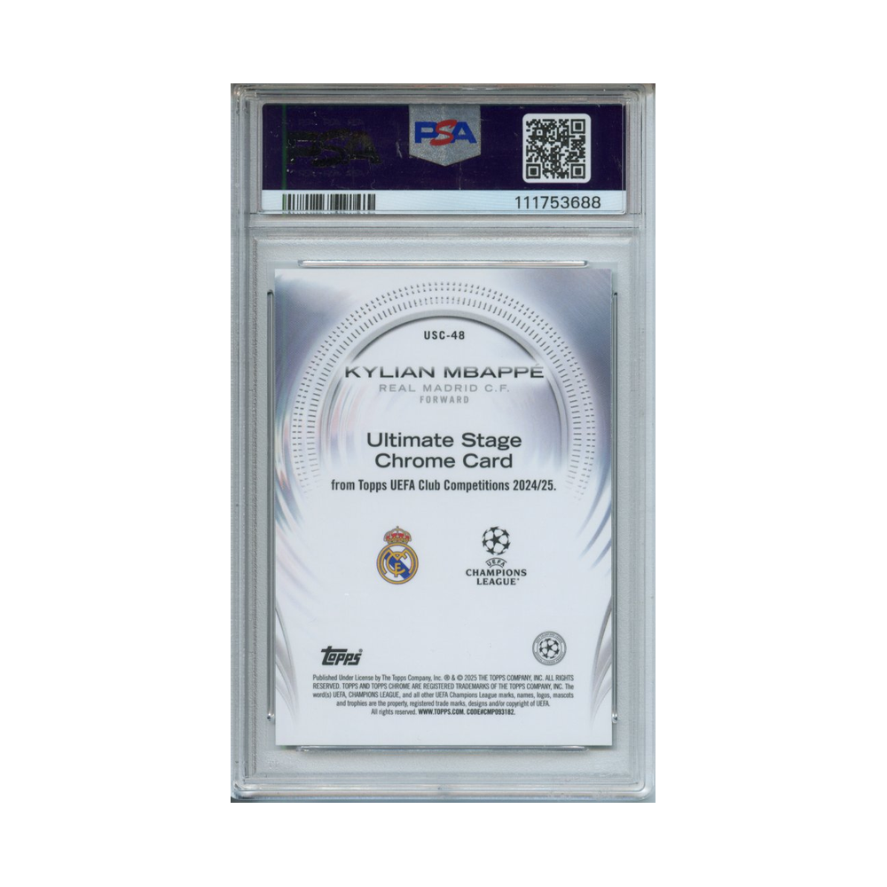 Kylian-Mbappe-Ultimate-Stage-Chrome-Gold-2024-25-Topps-UEFA-CC-PSA-10-Rückseite
