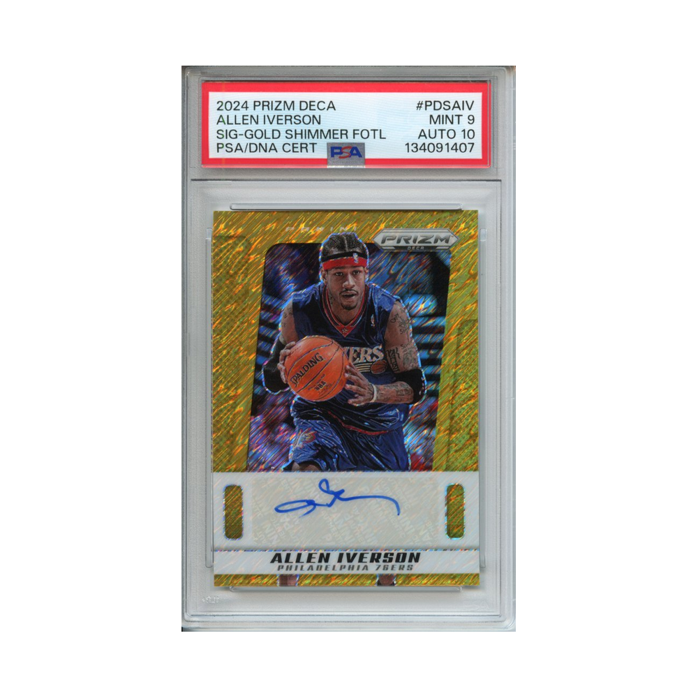 Allen-Iverson-Signature-Gold-Shimmer-FOTL-2024-Prizm-Deca-PSA-9/-Auto-10-Vorderseite