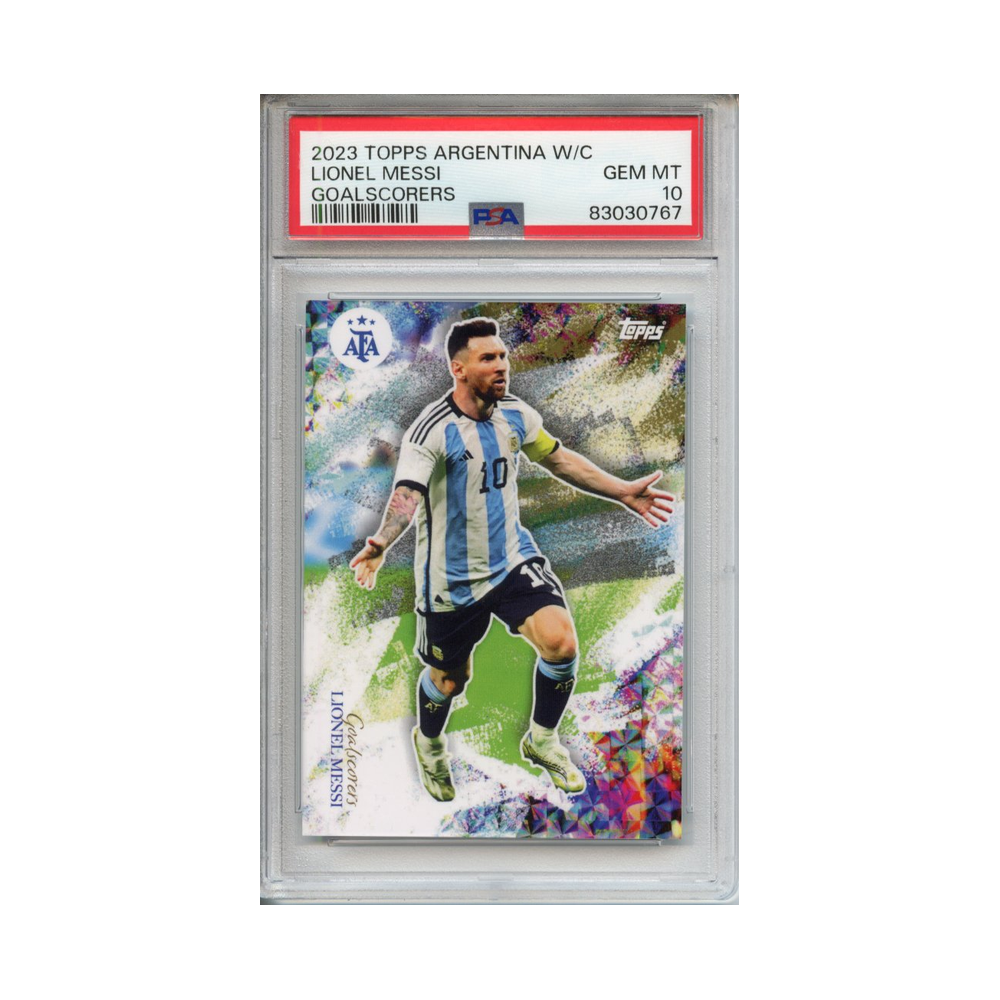 Lionel-Messi-Goalscorers-2023-Topps-Argentina-World-Cup-PSA-10-Vorderseite