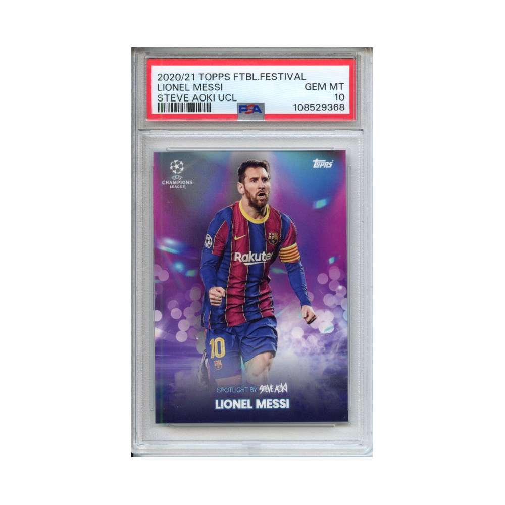 Lionel-Messi-Steve-Aoki-UCL-2020/21-Topps-Football-Festival-PSA-10-Vorderseite