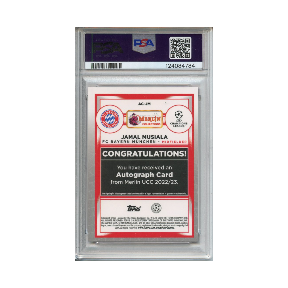 Jamal-Musiala-Autograph-Red-Refractor-2022-23-Merlin-Chrome-UCC-PSA-9-Rückseite