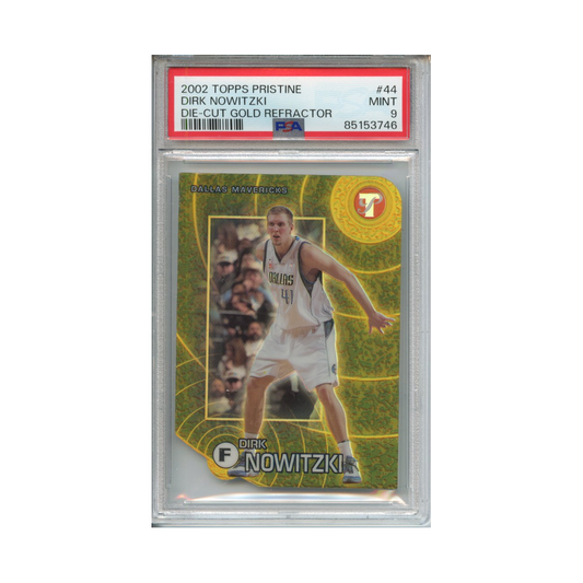 Dirk-Nowitzki-Die-Cut-Gold-Refractor-2002-Topps-Pristine-PSA-9-Vorderseite