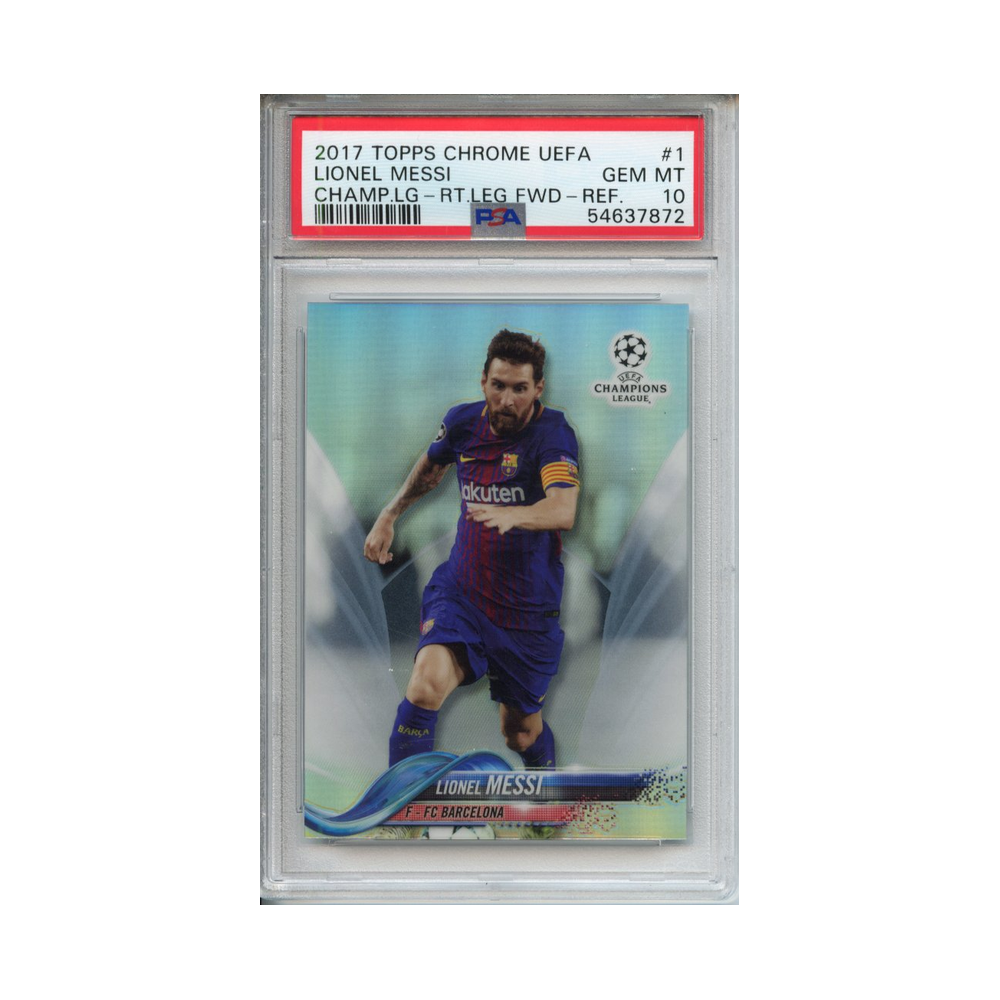 Lionel-Messi-Champions-League-RightLeg-Forward-Refractor-2017-Topps-Chrome-UEFA-PSA-10-Vorderseite