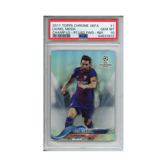 Lionel-Messi-Champions-League-RightLeg-Forward-Refractor-2017-Topps-Chrome-UEFA-PSA-10-Vorderseite
