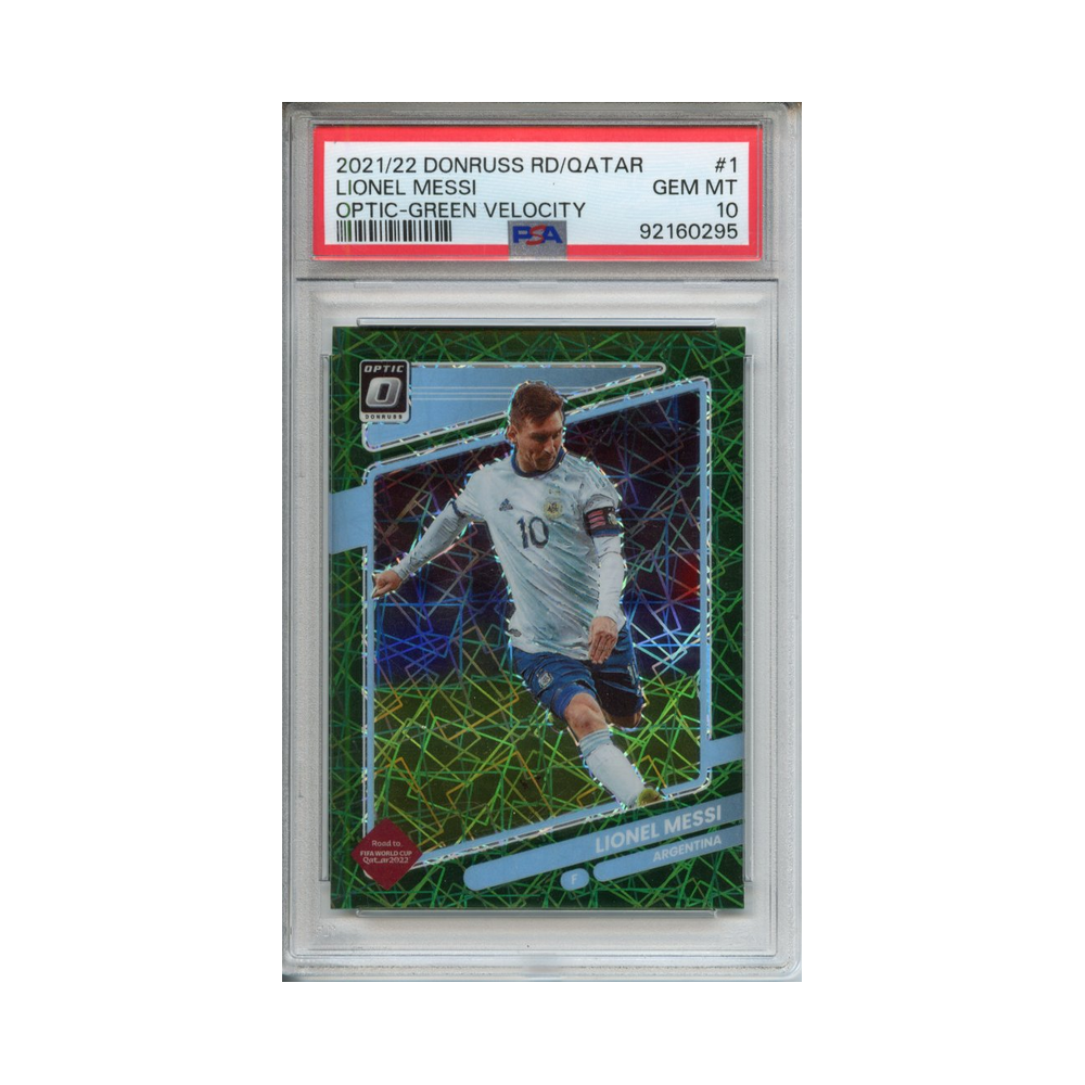 Lionel-Messi-Optic-Green-Velocity-2021/22-Donruss-Road-to-Qatar-PSA-10-Vorderseite