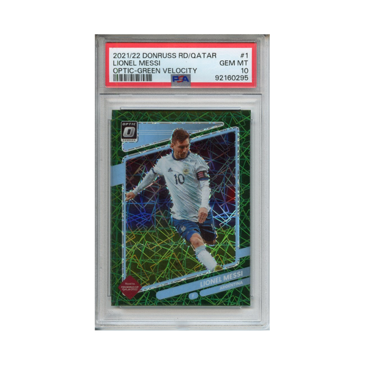 Lionel-Messi-Optic-Green-Velocity-2021/22-Donruss-Road-to-Qatar-PSA-10-Vorderseite