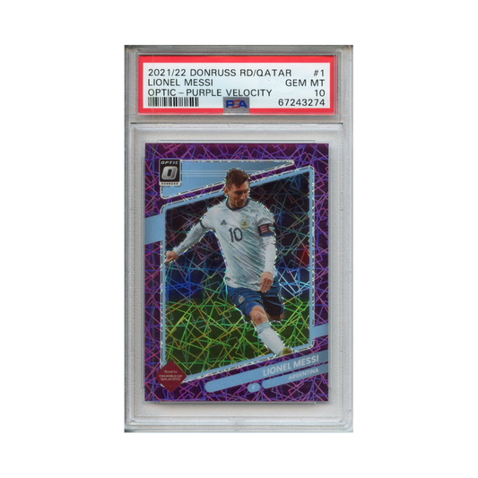 Lionel-Messi-Optic-Purple-Velocity-2021/22-Donruss-Road-to-Qatar-PSA-10-Vorderseite