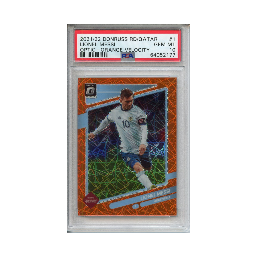 Lionel-Messi-Optic-Orange-Velocity-2021/22-Donruss-Road-to-Qatar-PSA-10-Vorderseite