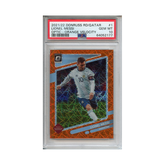 Lionel-Messi-Optic-Orange-Velocity-2021/22-Donruss-Road-to-Qatar-PSA-10-Vorderseite
