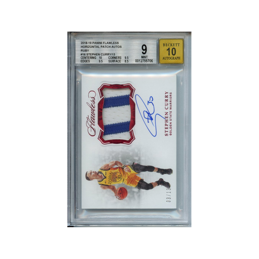 Stephen-Curry-Horizontal-Patch-Autos-Ruby-/13-2018-19-Panini-Flawless-BGS-9/10-Vorderseite