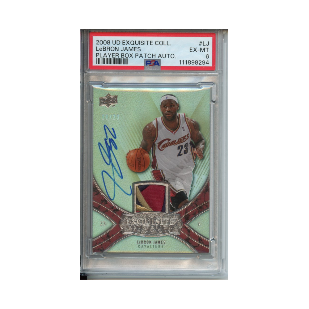 Lebron-James-Player-Box-Patch-Autograph-2008-Upper-Deck-Exquisite-Collection-PSA-6-Vorderseite