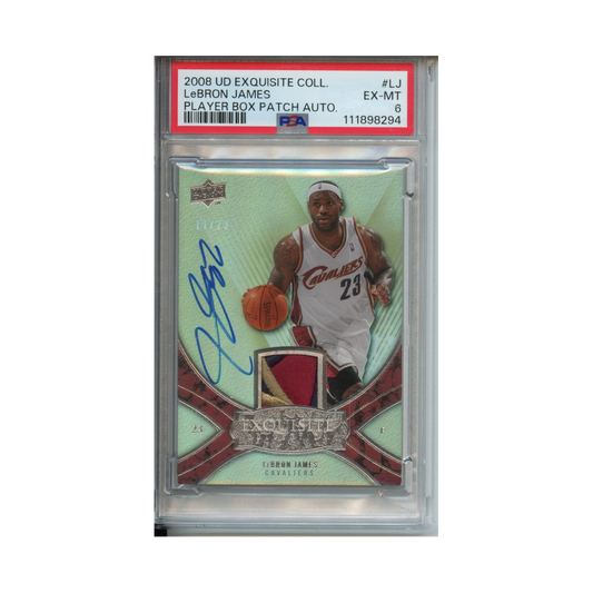 Lebron-James-Player-Box-Patch-Autograph-2008-Upper-Deck-Exquisite-Collection-PSA-6-Vorderseite