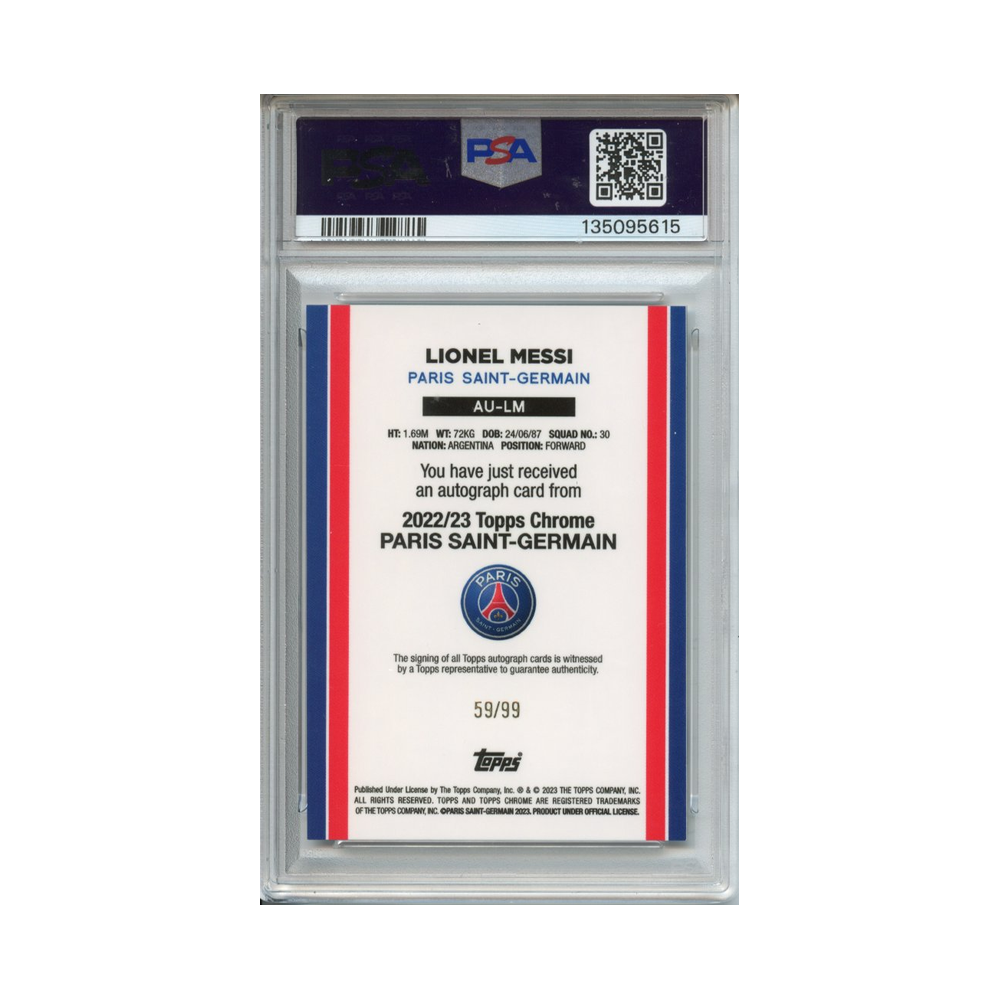 Lionel-Messi-Autograph-2024-Topps-Chrome-PSG-'22-23#2-PSA-9/10-Rückseite