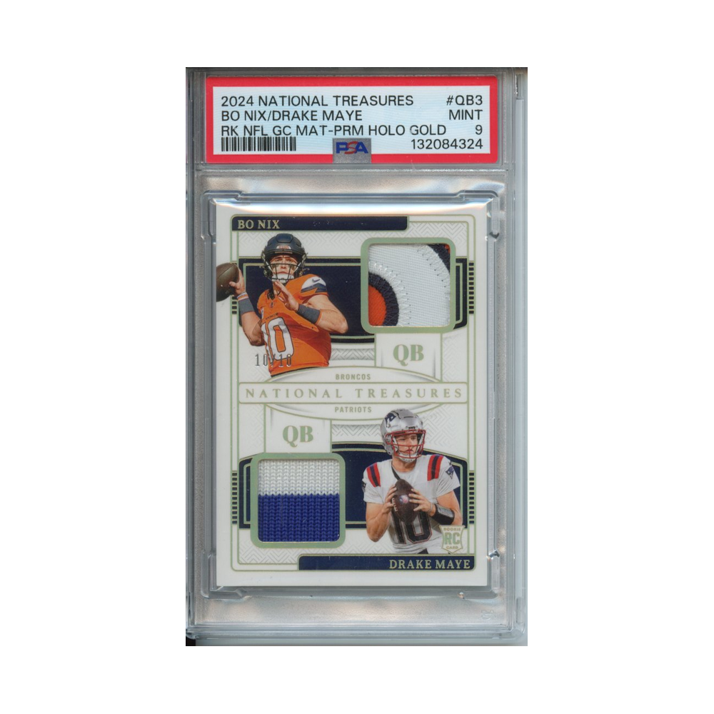 Bo-Nix/-Drake-Maye-Rookie-NFL-Gear-Combo-Materials-Prime-Holo-Gold-2024-National-Treasures-PSA-9-Vorderseite