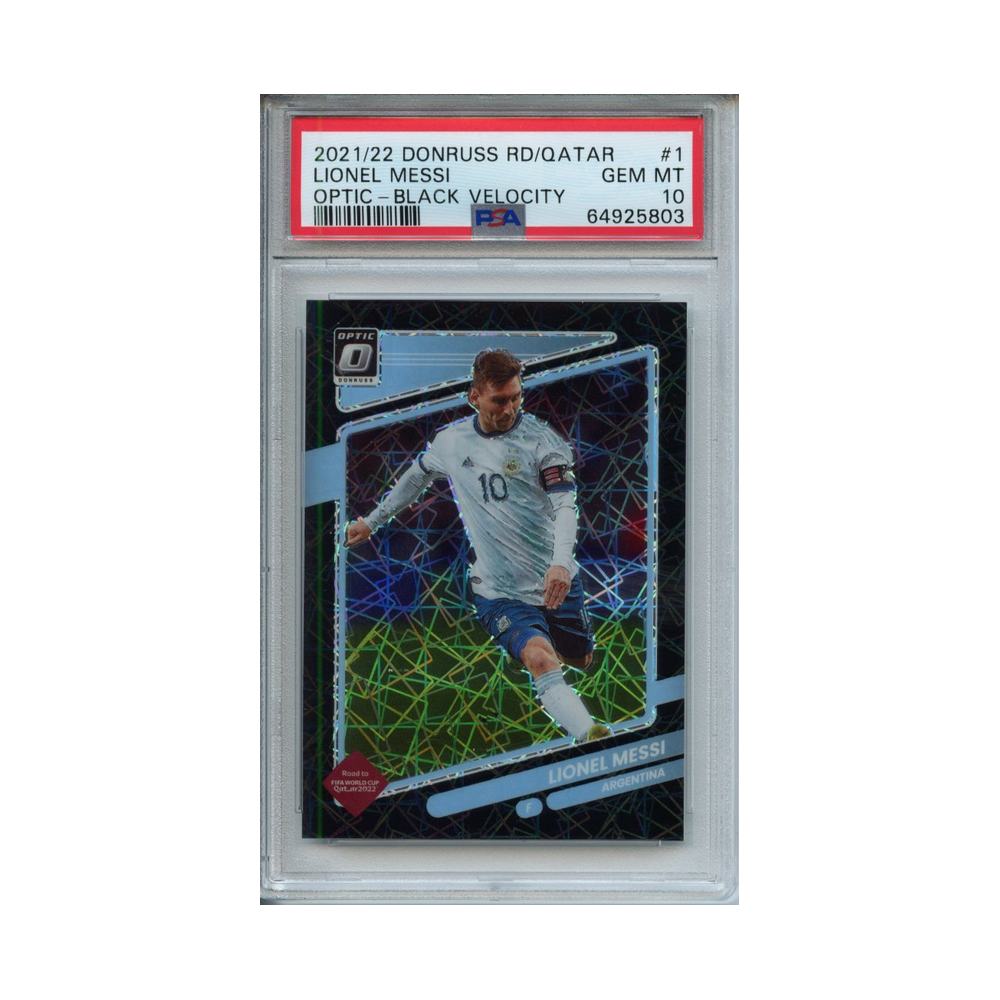 Lionel-Messi-Optic-Black-Velocity-2021/22-Donruss-Road-to-Qatar-PSA-10-Vorderseite