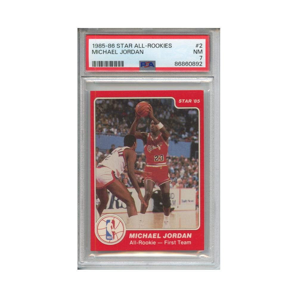 Michael-Jordan-1985-86-Star-All-Rookies-PSA-7-Vorderseite