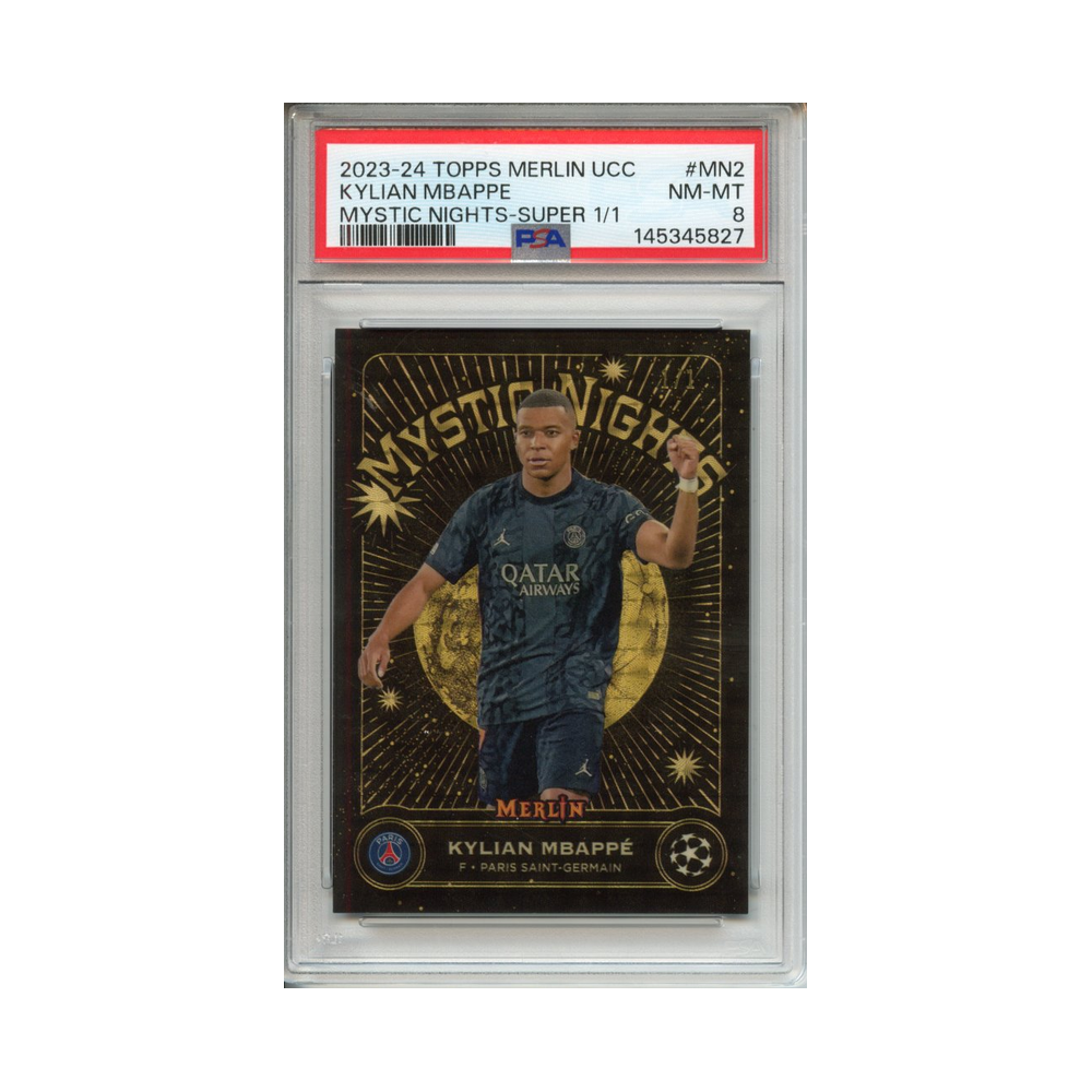 Kylian-Mbappe-Mystic-Nights-Super-1/1-2023-24-Topps-Merlin-UCC-PSA-8-Vorderseite